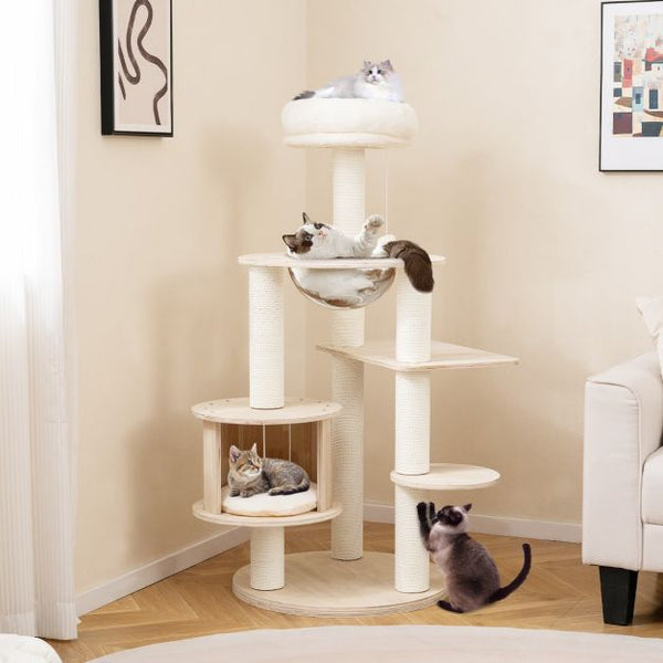 132cm Tall Wooden Cat Tree with Condo and Multi-Level Climbing Stand