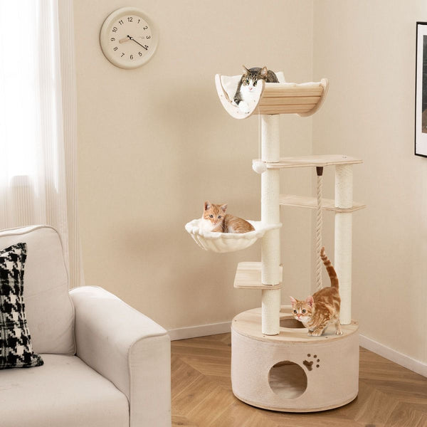 141cm Tall Wooden Cat Tree with Condo and Washable Plush Cushions for Indoor Cats