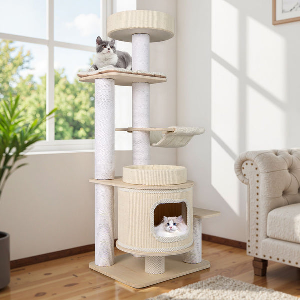 151 CM Space-saving Modern Cat Tree Multi-level Cat Tower w/Detachable Soft Mats