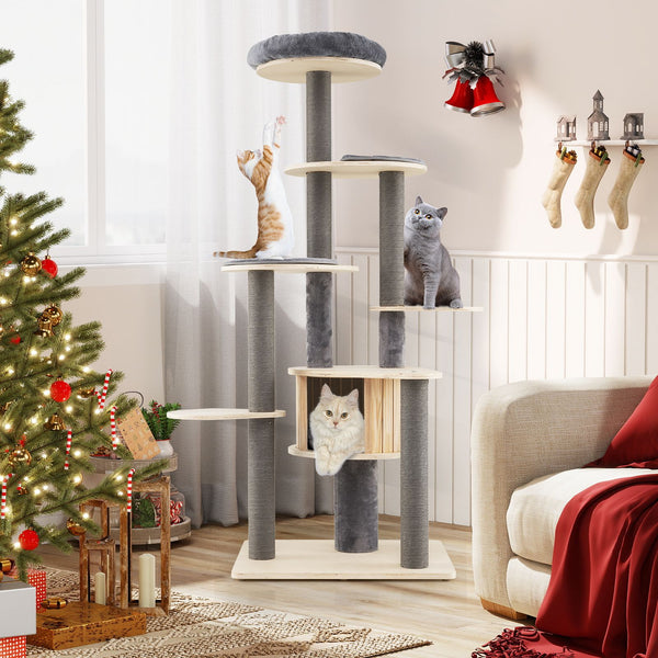172 CM Cat Tree Multi-level Cat Tower w/Comfy Padded Top Perch & Detachable Mats