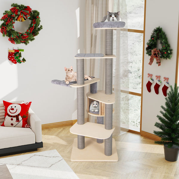 197 CM Cat Tree Multi-level Cat Tower w/Comfy Padded Top Perch & Detachable Mats