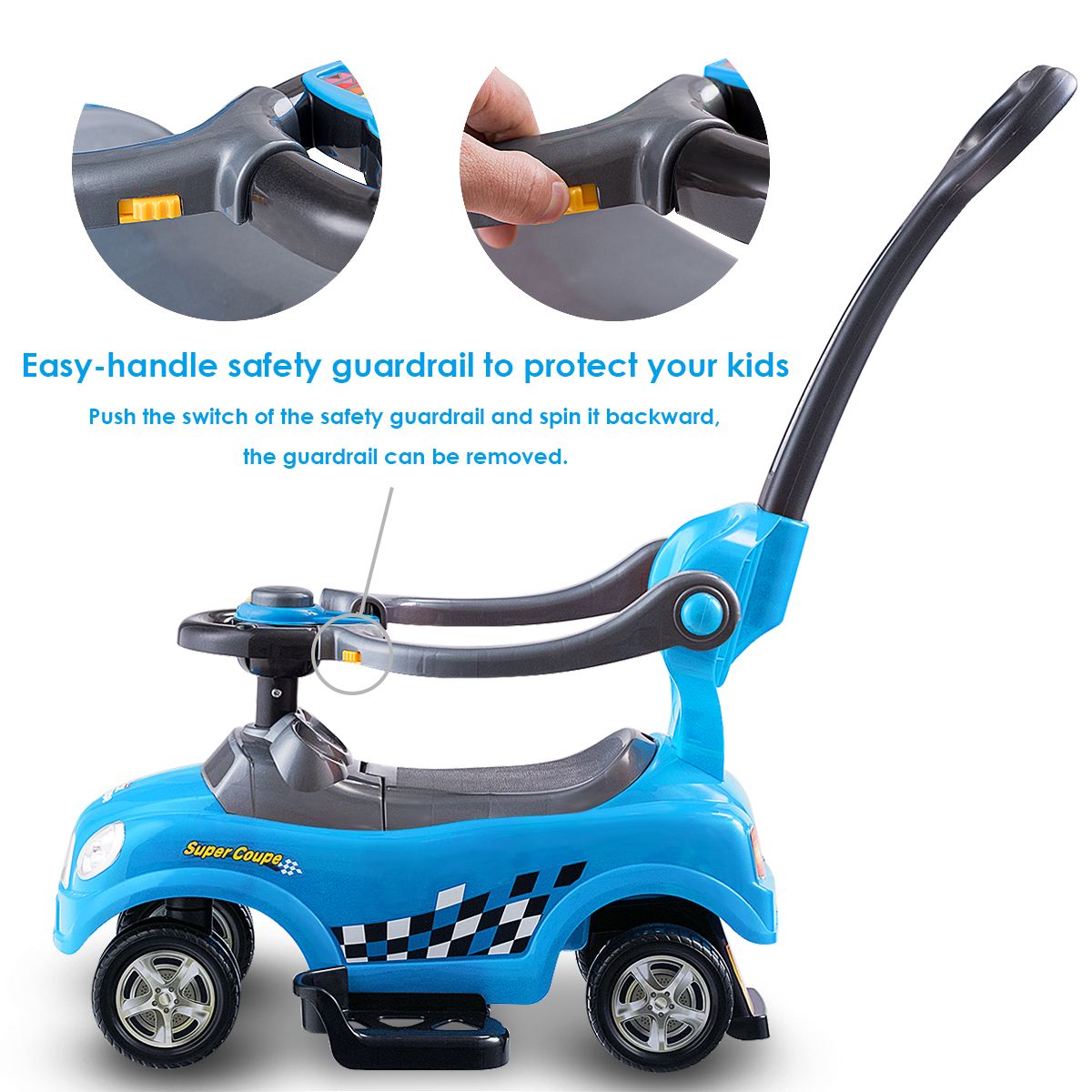 3-in-1 Ride On Kids Push Car with Detachable Guardrails and Handle