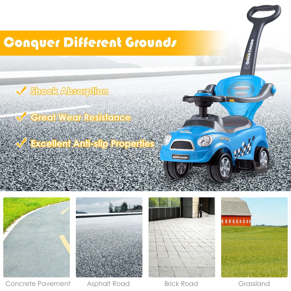 3-in-1 Ride On Kids Push Car with Detachable Guardrails and Handle