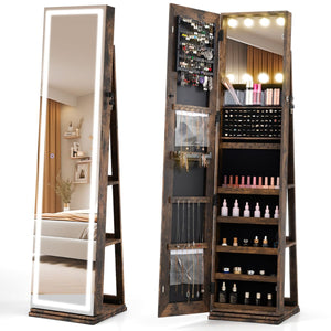 360° Swivel Jewelry Cabinet Freestanding Jewelry Storage Organizer with Lighted Full Length Mirror