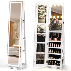 360° Swivel Jewelry Cabinet Freestanding Jewelry Storage Organizer with Lighted Full Length Mirror