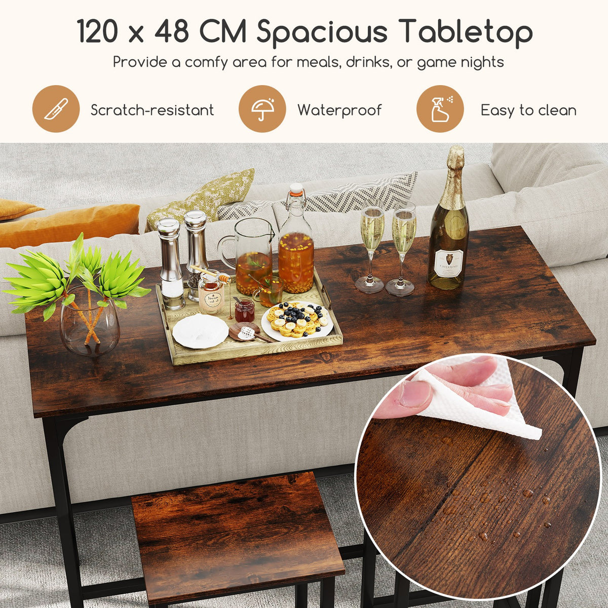 3-Piece Dining Table Set 120cm Counter-Height Kitchen Table & 2 Bar Stools