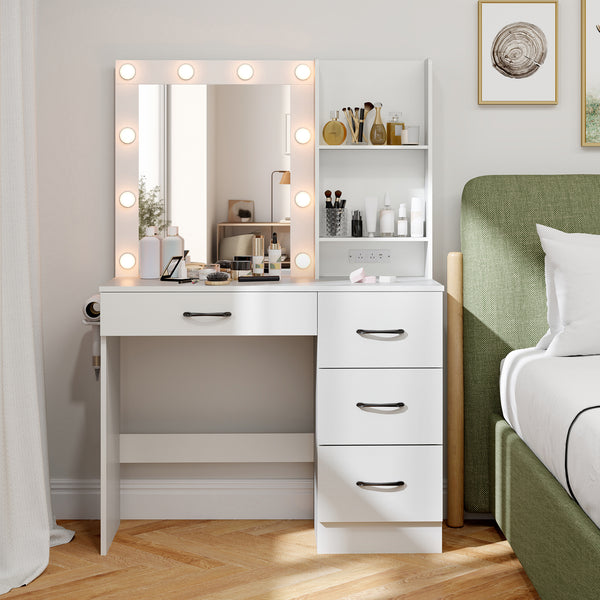 Makeup Vanity Desk with Mirror and 3-Color LED Lights Charging Station