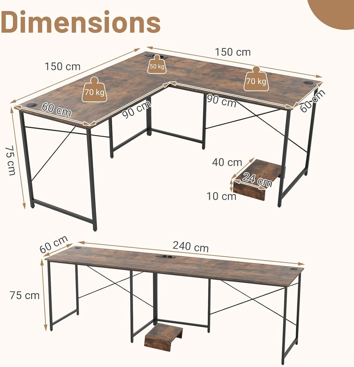 Giantex 150 cm Reversible L-Shaped Desk with Built-in Power Strip