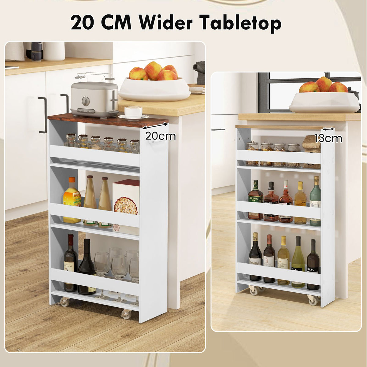 4-Tier Rolling Storage Cart 20cm Slim Kitchen Cart on Wheels with Open Shelves and Handle