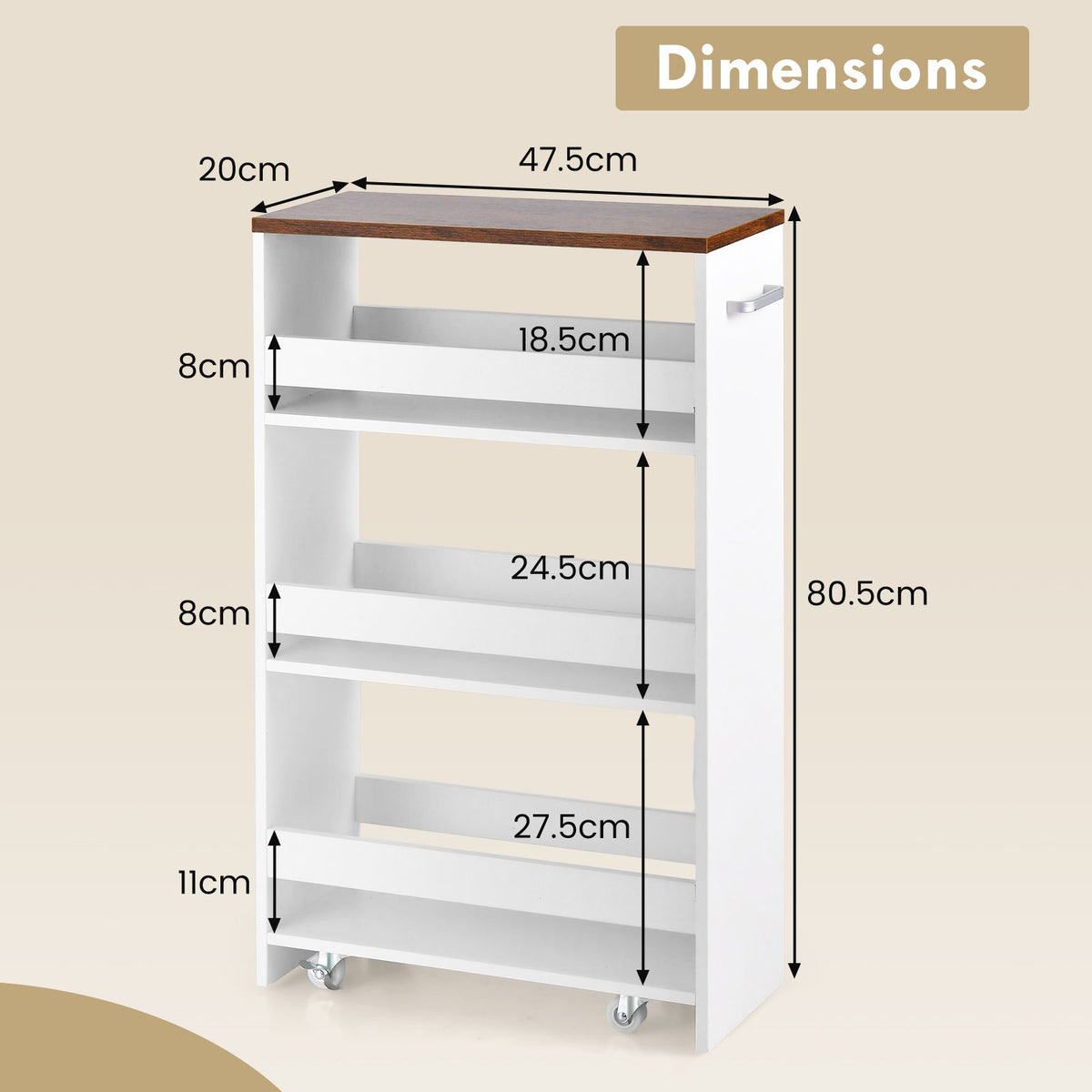 4-Tier Rolling Storage Cart 20cm Slim Kitchen Cart on Wheels with Open Shelves and Handle