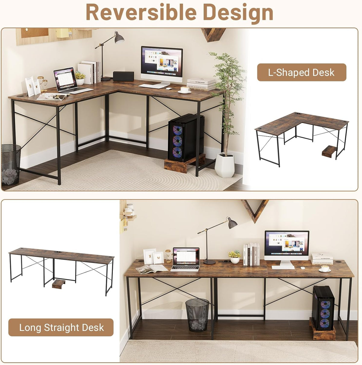 Giantex 150 cm Reversible L-Shaped Desk with Built-in Power Strip