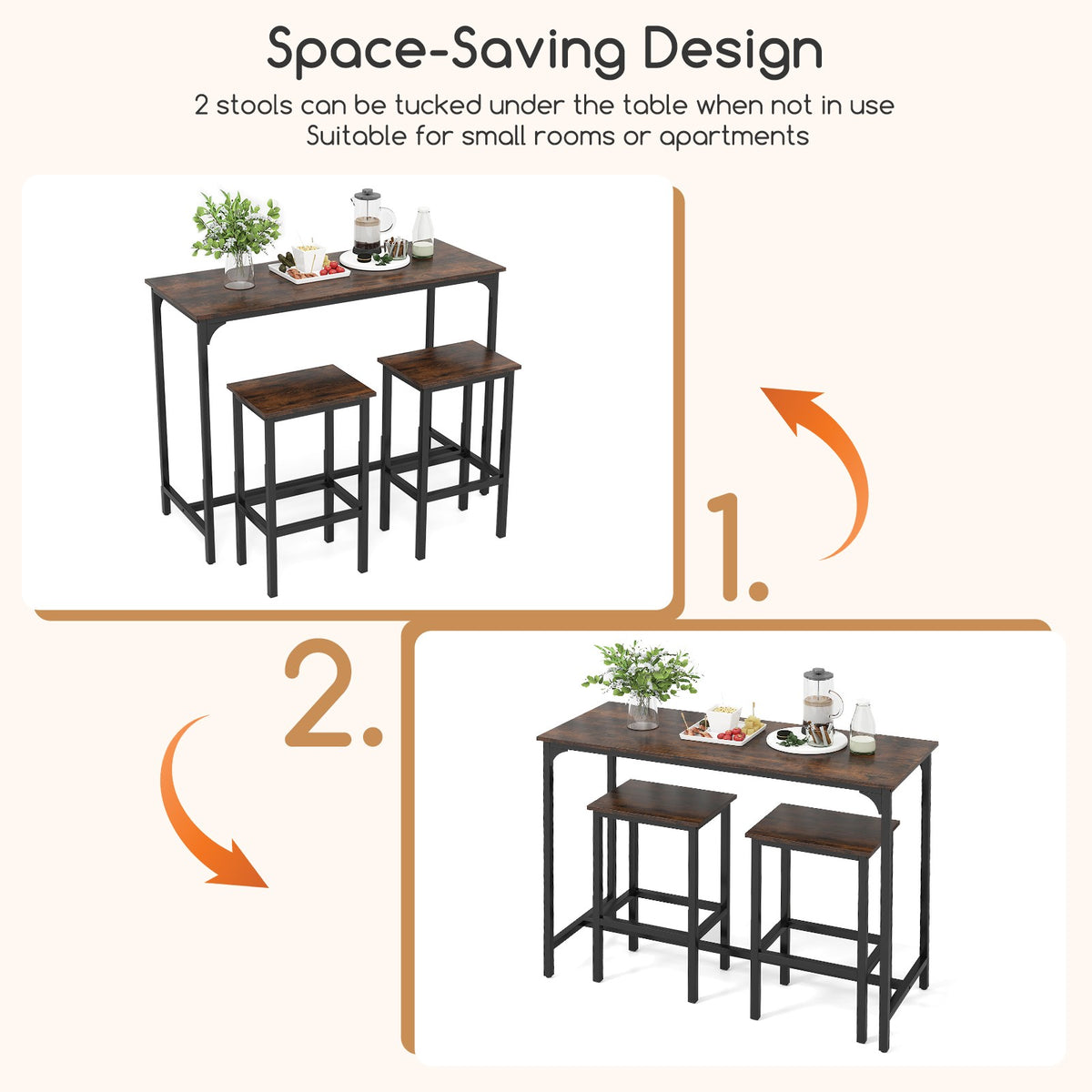 3-Piece Dining Table Set 120cm Counter-Height Kitchen Table & 2 Bar Stools