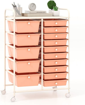 15-Drawer Rolling Storage Drawer Cart, Tools Scrapbook File Paper Craft Organizer Cart w/ Wheels