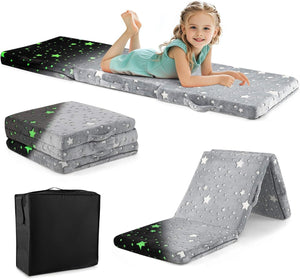 Foldable Floor Mattress for Kids, Glow in The Dark Toddler Floor Nap Mat w/Washable Flannel Cover