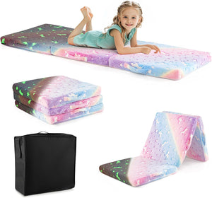 Foldable Floor Mattress for Kids, Glow in The Dark Toddler Floor Nap Mat w/Washable Flannel Cover