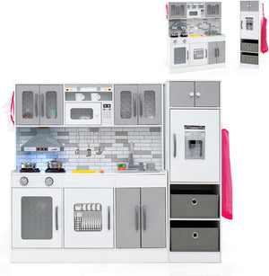 Kids Kitchen Playset with Lights and Sounds, 2-Piece Modular Wooden Play Kitchen w/Water Circulation