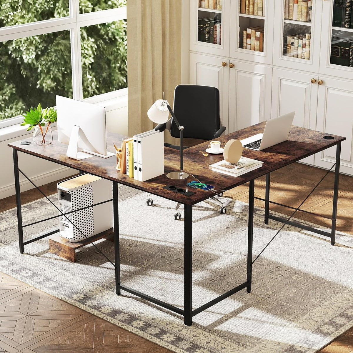 Giantex 150 cm Reversible L-Shaped Desk with Built-in Power Strip