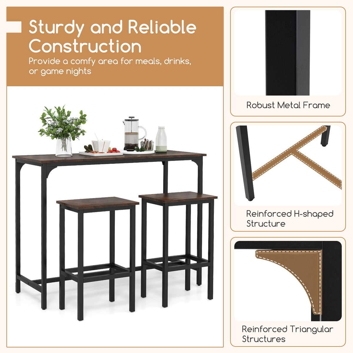 3-Piece Dining Table Set 120cm Counter-Height Kitchen Table & 2 Bar Stools