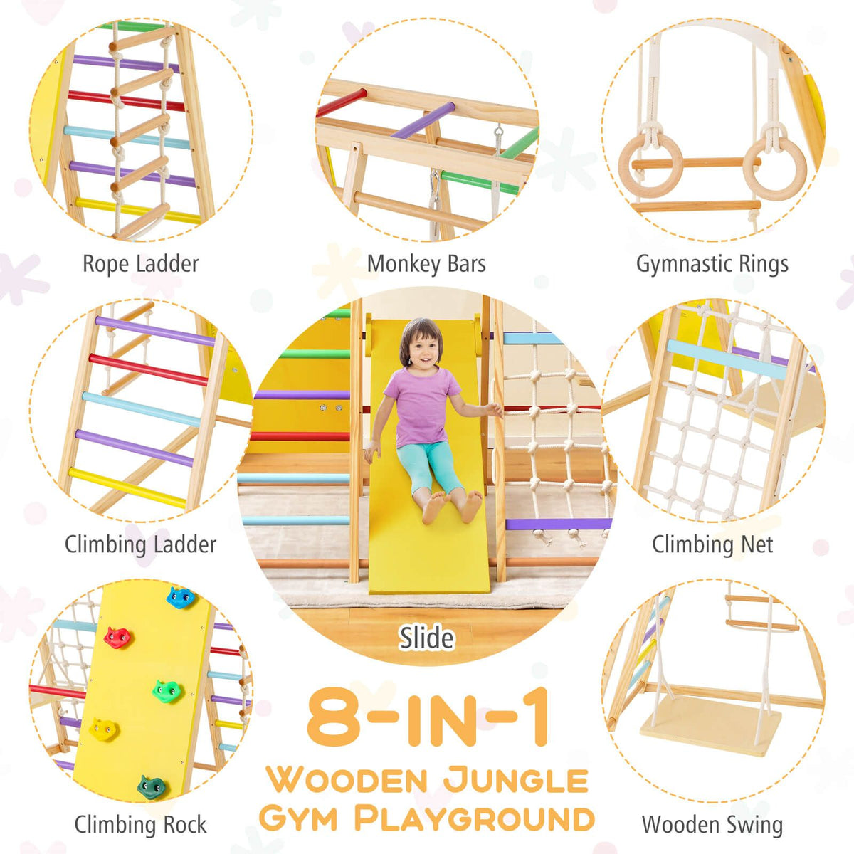 8-in-1 Wooden Jungle Gym Playset with Monkey Bars & Climbing Ladder