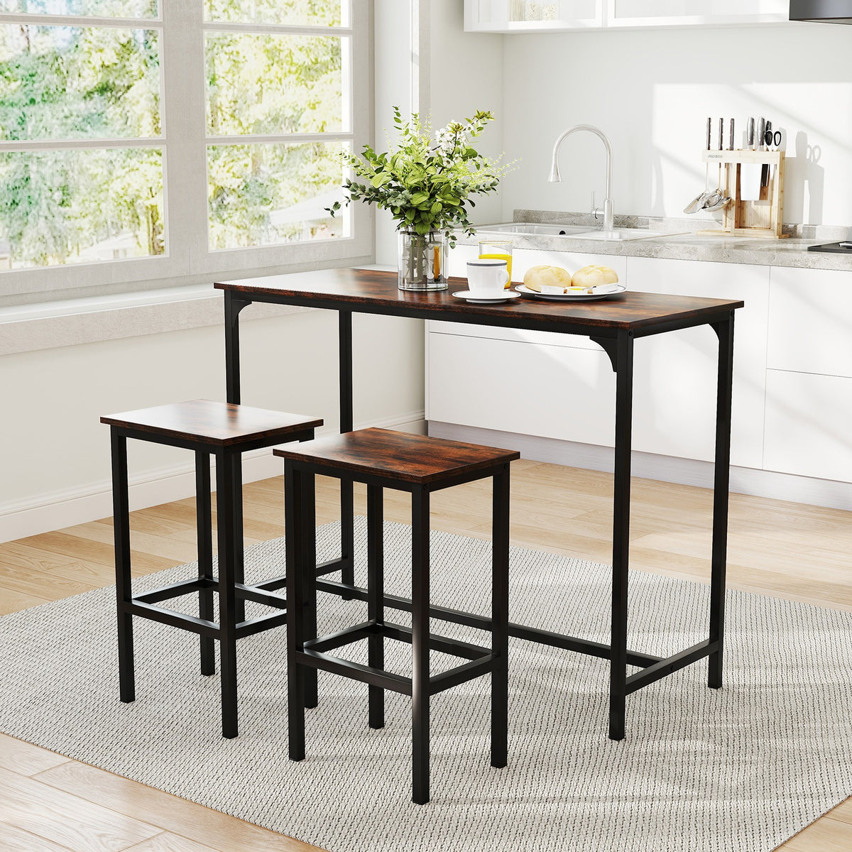 3-Piece Dining Table Set 120cm Counter-Height Kitchen Table & 2 Bar Stools