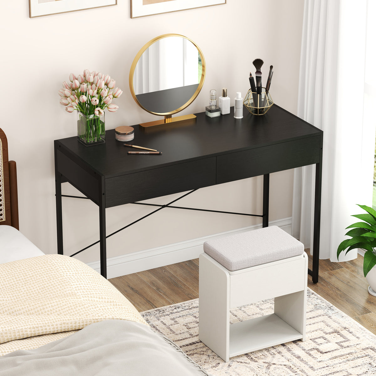 Computer Desk with 2 Drawers, 111cm Study Writing Table w/ Heavy-duty Steel Frame
