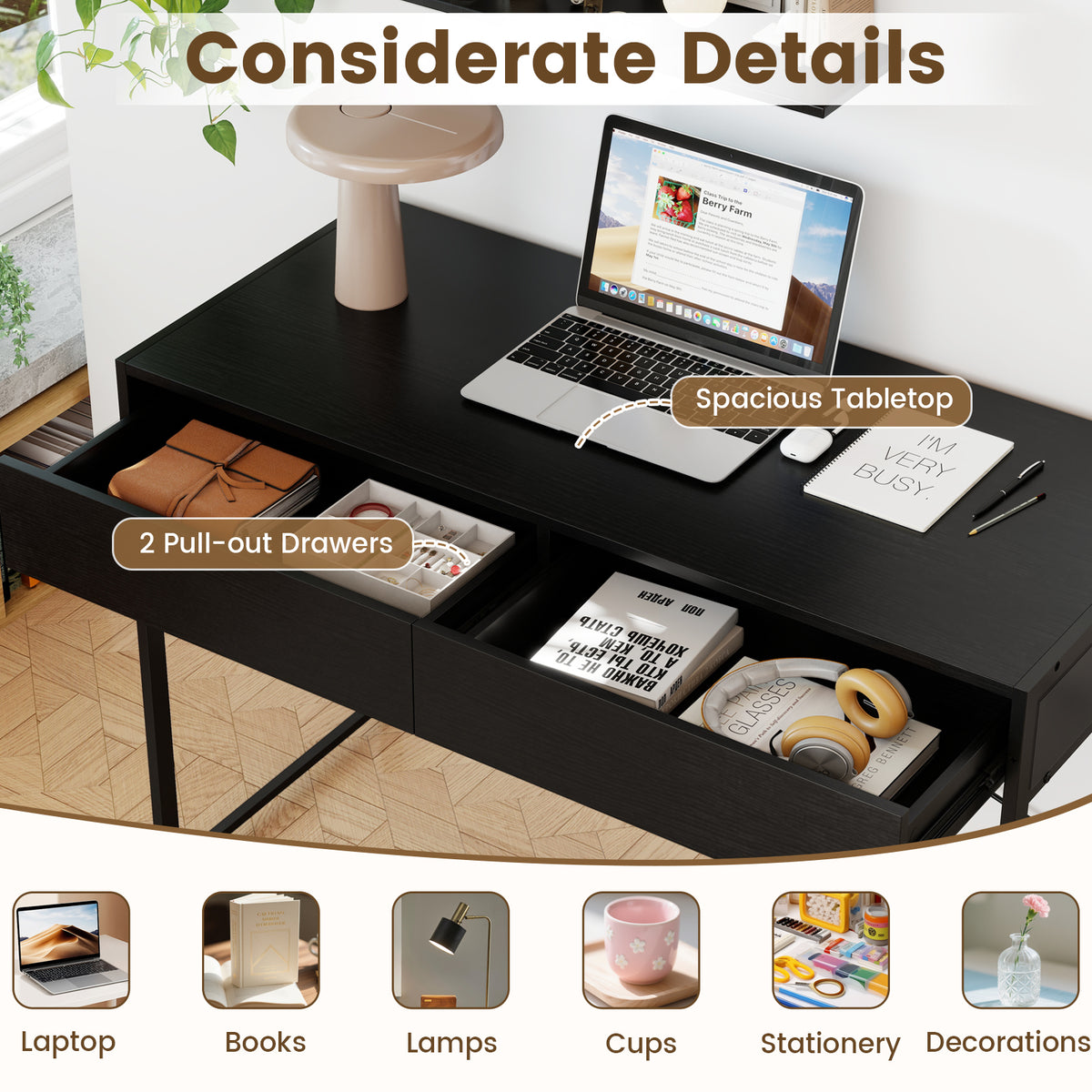 Computer Desk with 2 Drawers, 111cm Study Writing Table w/ Heavy-duty Steel Frame