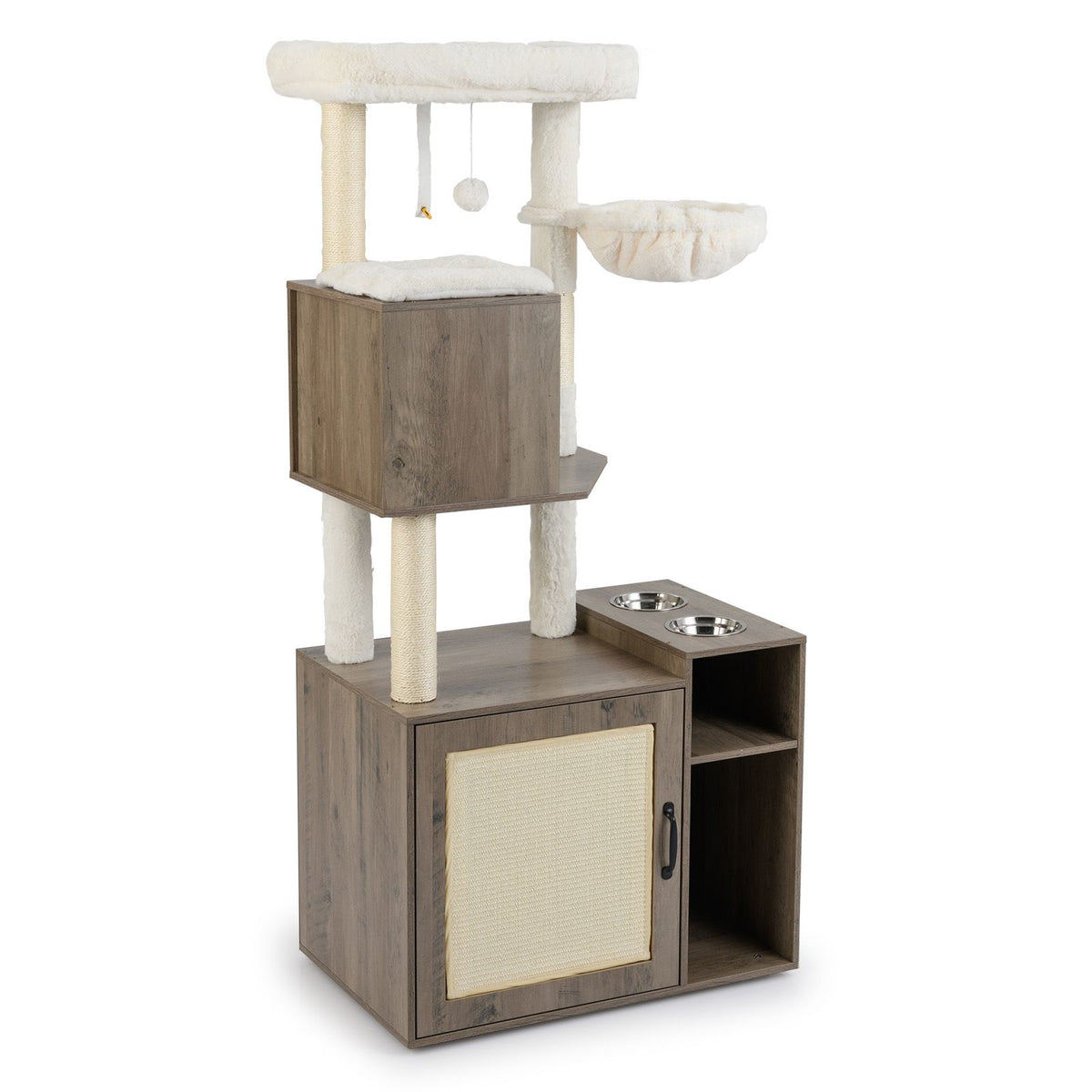 Cat Litter Box Enclosure Cat Climbing Tower with Sisal Scratching Post and Mat Dangling Ball