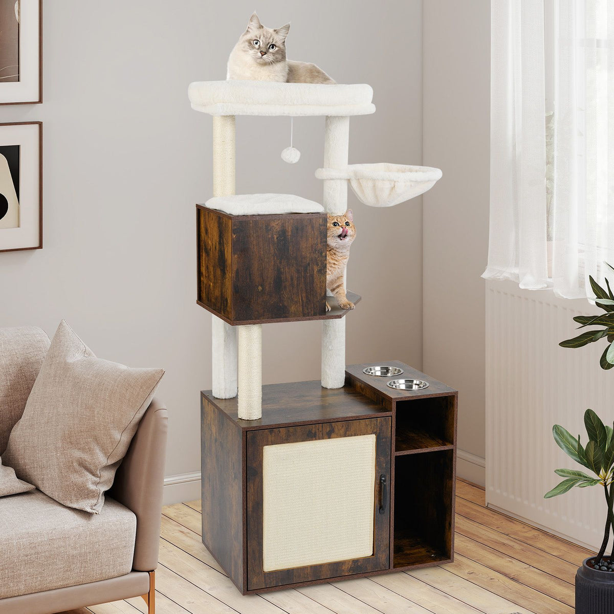 Cat Litter Box Enclosure Cat Climbing Tower with Sisal Scratching Post and Mat Dangling Ball