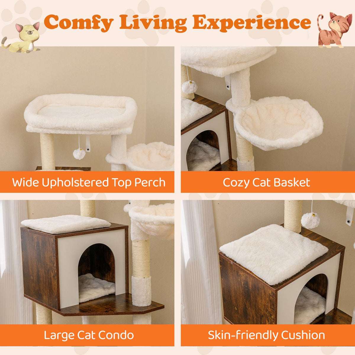 Cat Litter Box Enclosure Cat Climbing Tower with Sisal Scratching Post and Mat Dangling Ball