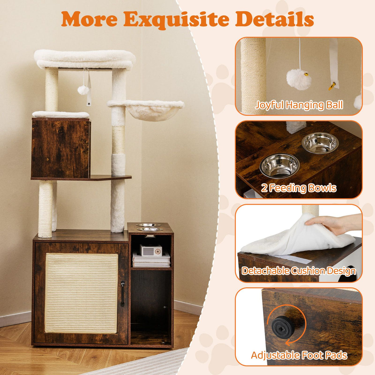 Cat Litter Box Enclosure Cat Climbing Tower with Sisal Scratching Post and Mat Dangling Ball