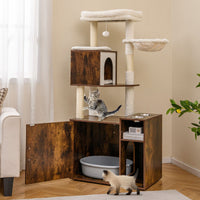Cat Litter Box Enclosure Cat Climbing Tower with Sisal Scratching Post and Mat Dangling Ball