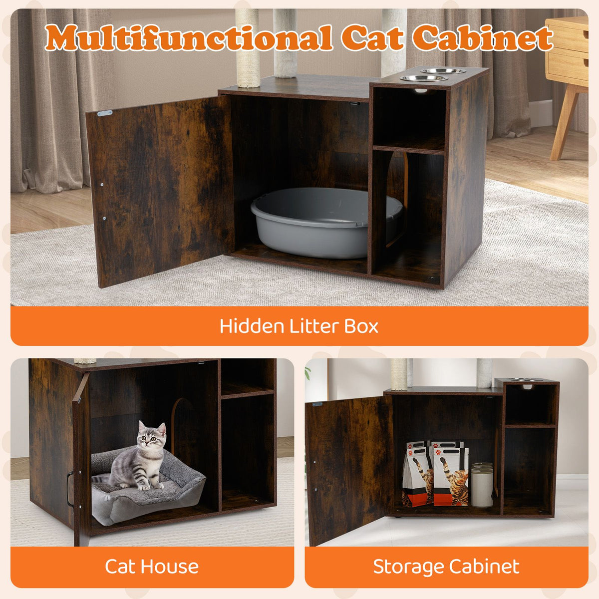 Cat Litter Box Enclosure Cat Climbing Tower with Sisal Scratching Post and Mat Dangling Ball
