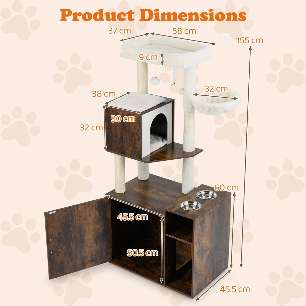 Cat Litter Box Enclosure Cat Climbing Tower with Sisal Scratching Post and Mat Dangling Ball