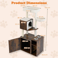 Cat Litter Box Enclosure Cat Climbing Tower with Sisal Scratching Post and Mat Dangling Ball