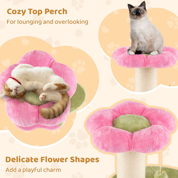 Flower Cat Tree with Padded Plush Perch and Sisal Scratching Post and Self Groomer