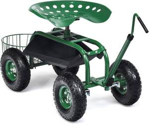 Garden Rolling Scooter w/ Storage Basket, Adjustable Seat