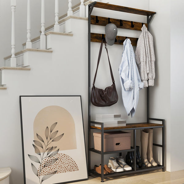 Giantex 3-in-1 Coat Rack, Industrial Hall Tree with Shoe Bench