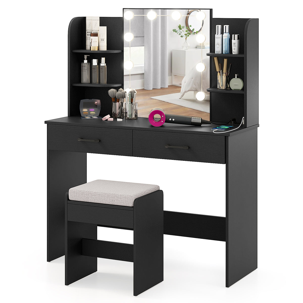 Makeup Vanity Desk with Lighted Mirror and Open Shelves for Bedroom