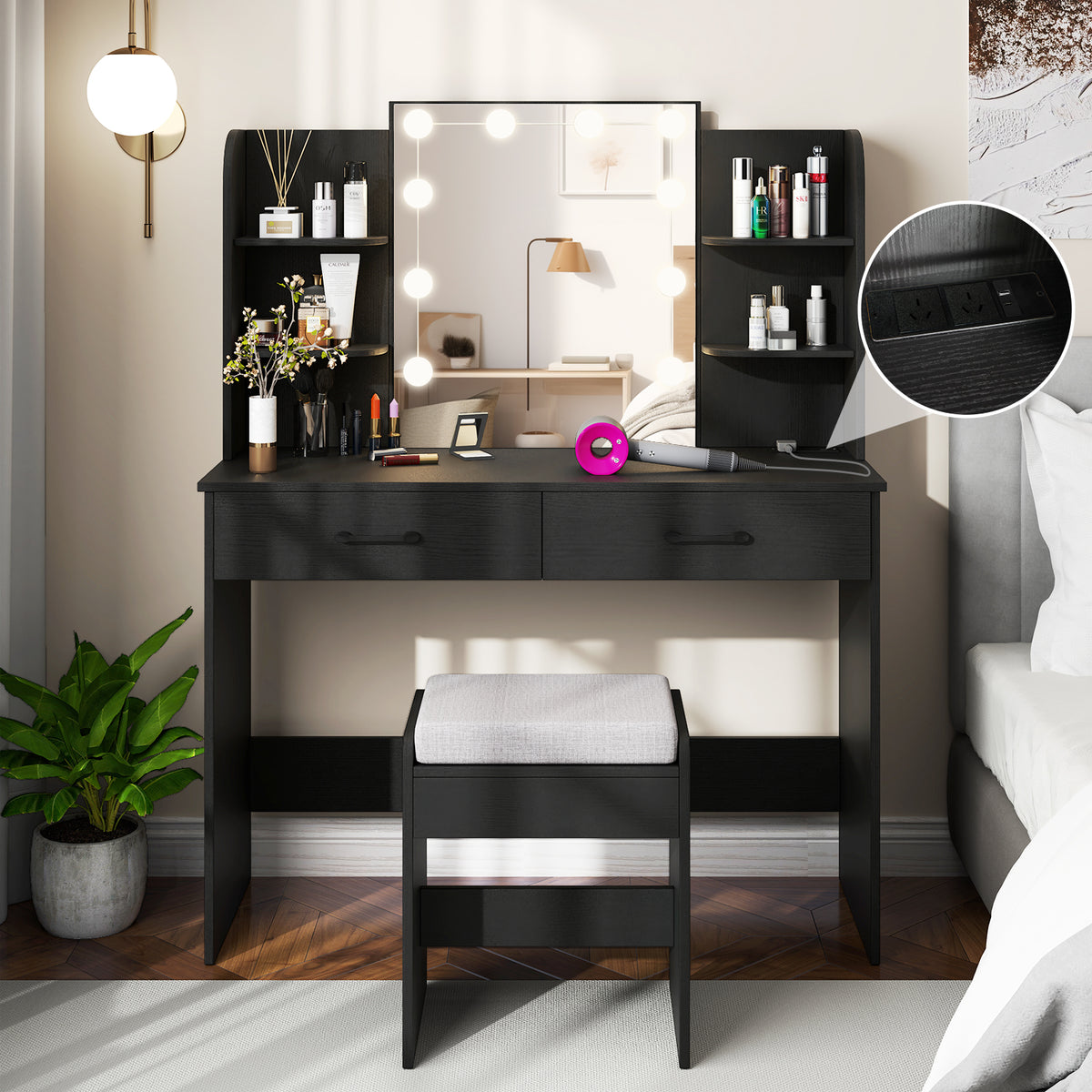 Makeup Vanity Desk with Lighted Mirror and Open Shelves for Bedroom