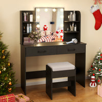 Makeup Vanity Desk with Lighted Mirror and Open Shelves for Bedroom