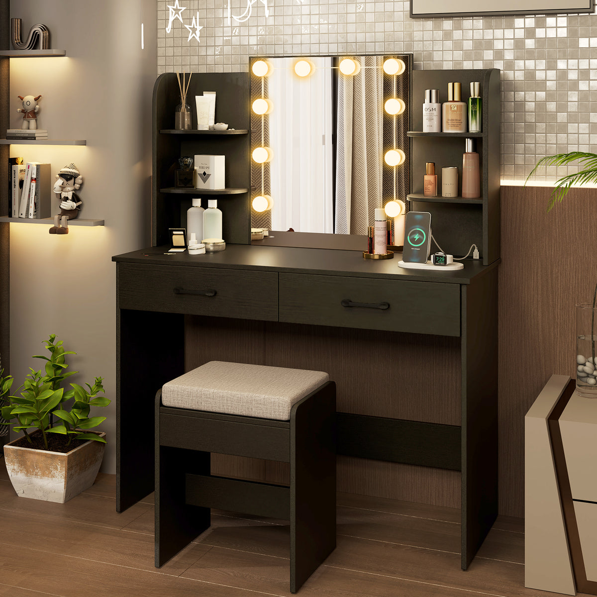Makeup Vanity Desk with Lighted Mirror and Open Shelves for Bedroom