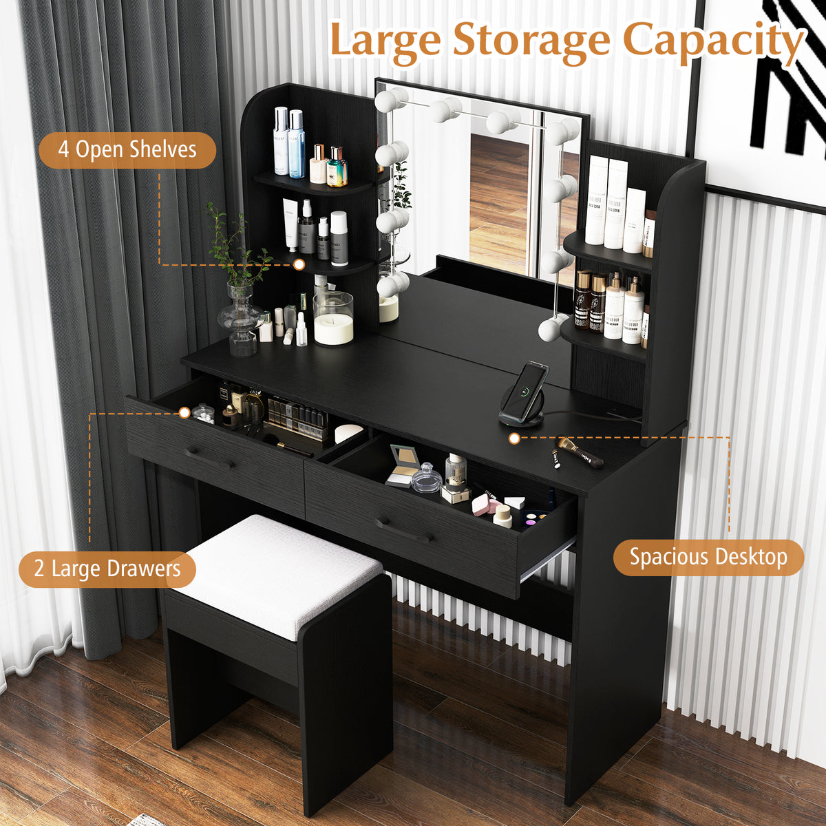 Makeup Vanity Desk with Lighted Mirror and Open Shelves for Bedroom