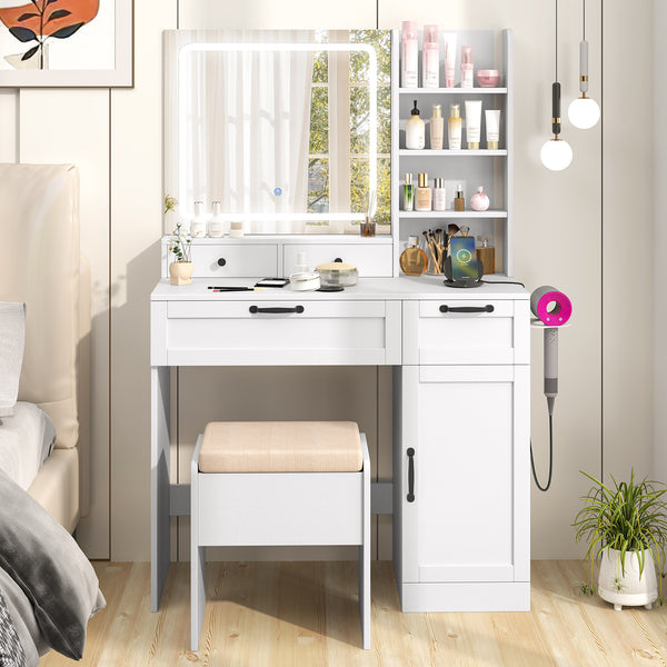 Giantex Vanity Set with Mirror and Lights, Dressing Table and Chair Set w/ 3 Lighting Modes & Adjustable Brightness