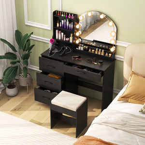 Makeup Vanity Desk with Mirror and Lights, Dressing Table and Stool Set with Charging Station, 3-Color Adjustable LED Lights