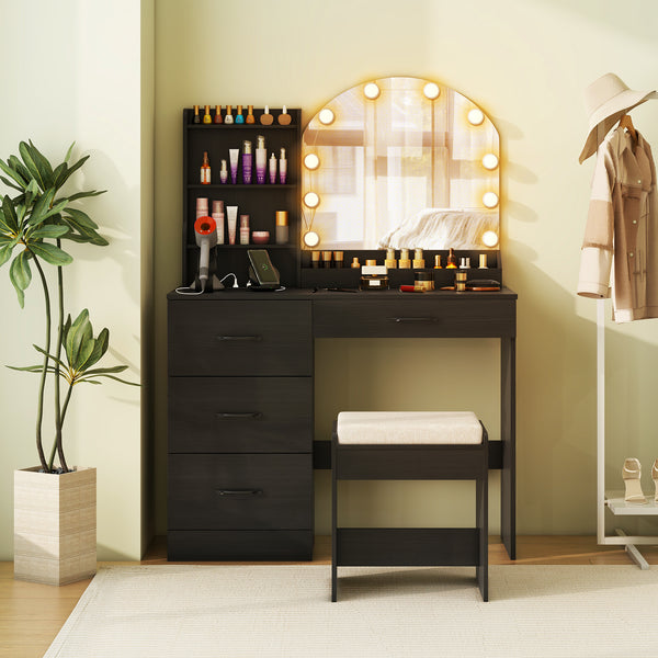 Makeup Vanity Desk with Mirror and Lights, Dressing Table and Stool Set with Charging Station, 3-Color Adjustable LED Lights