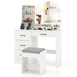 Makeup Vanity Desk with Mirror and Lights, Dressing Table and Stool Set with Charging Station, 3-Color Adjustable LED Lights