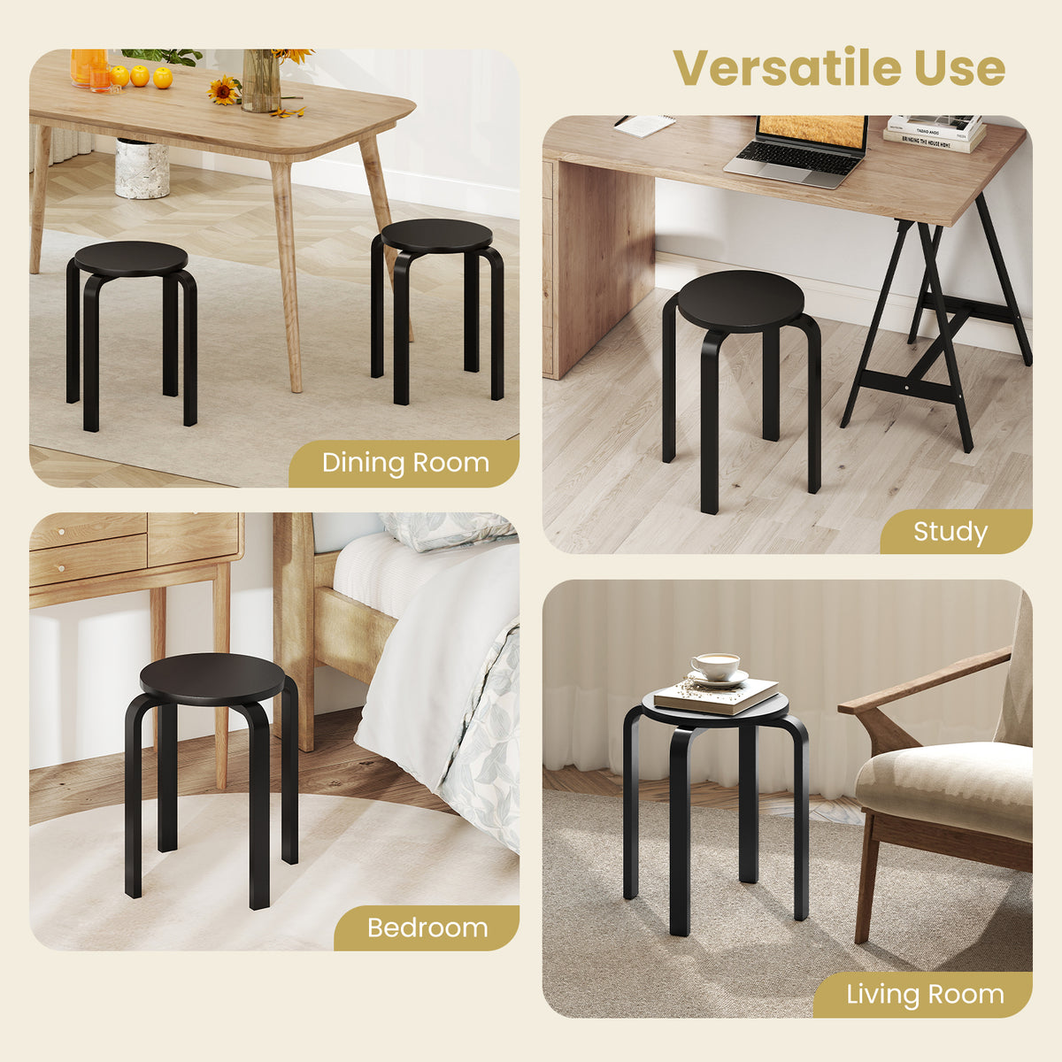 Set of 4 Round Stacking Stools, Solid Wood Dining Room Stool