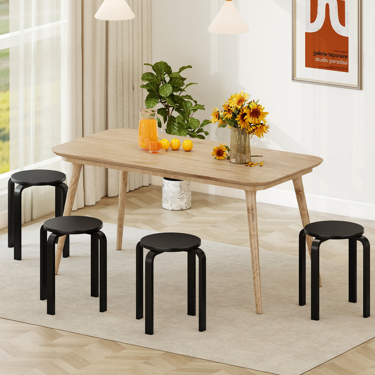 Set of 4 Round Stacking Stools, Solid Wood Dining Room Stool