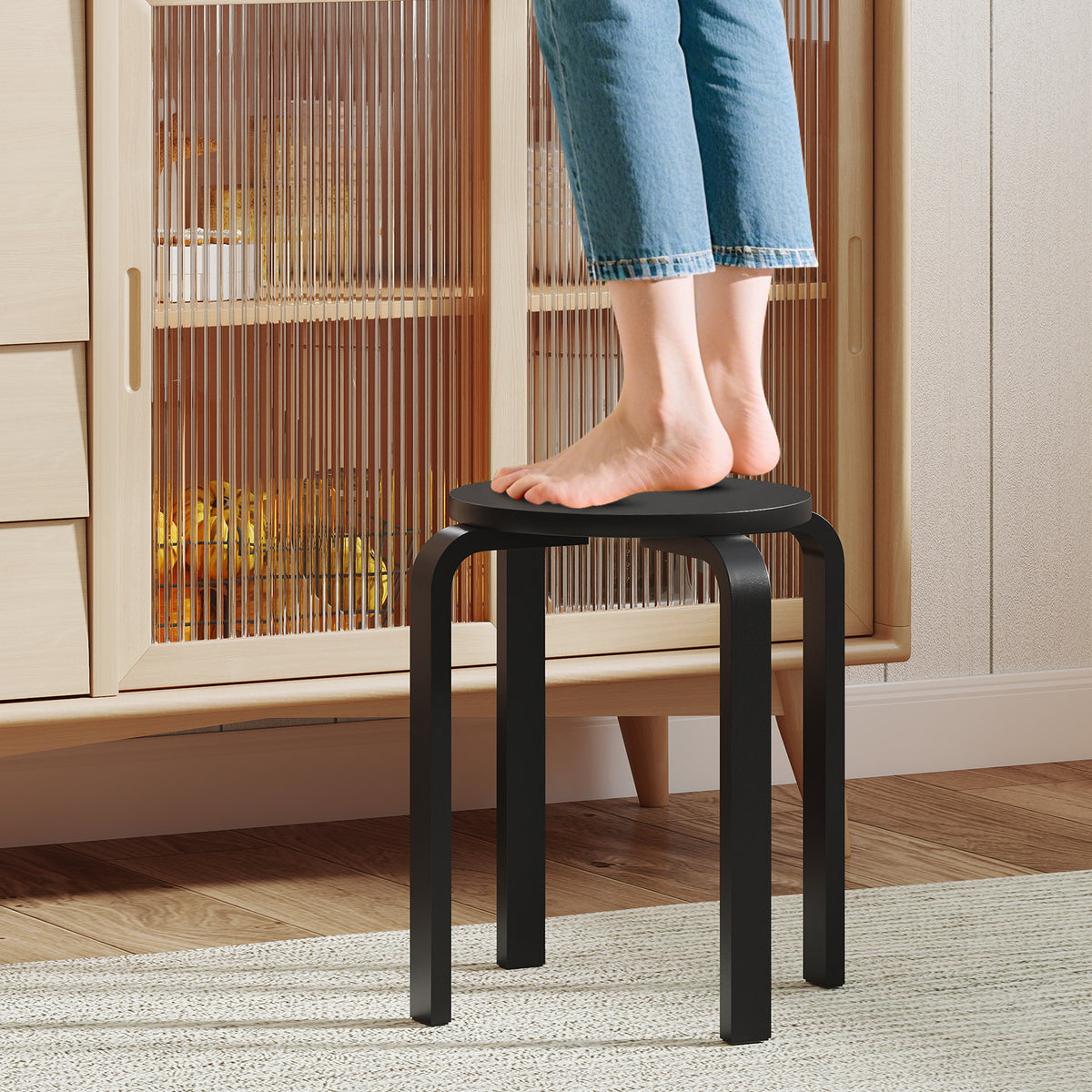 Set of 4 Round Stacking Stools, Solid Wood Dining Room Stool