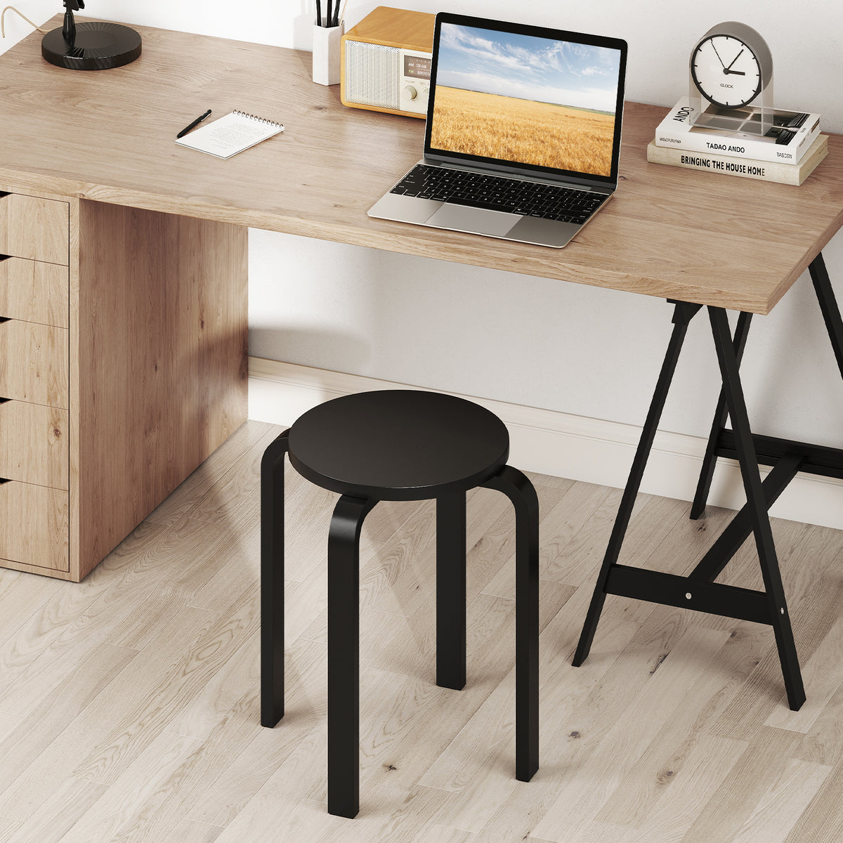 Set of 4 Round Stacking Stools, Solid Wood Dining Room Stool